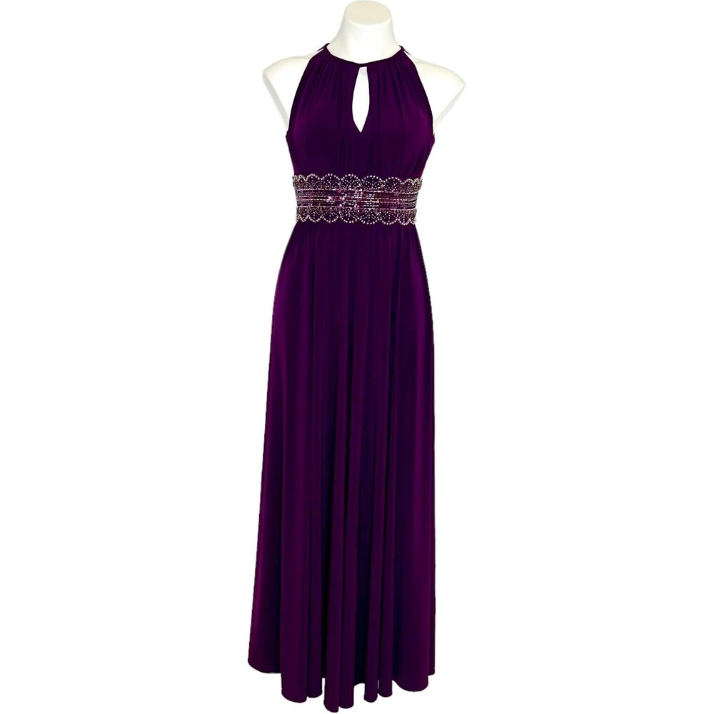 R&M Richards Halter Sleeveless Long Gown Beaded Waist Purple Eggplant Size 4
